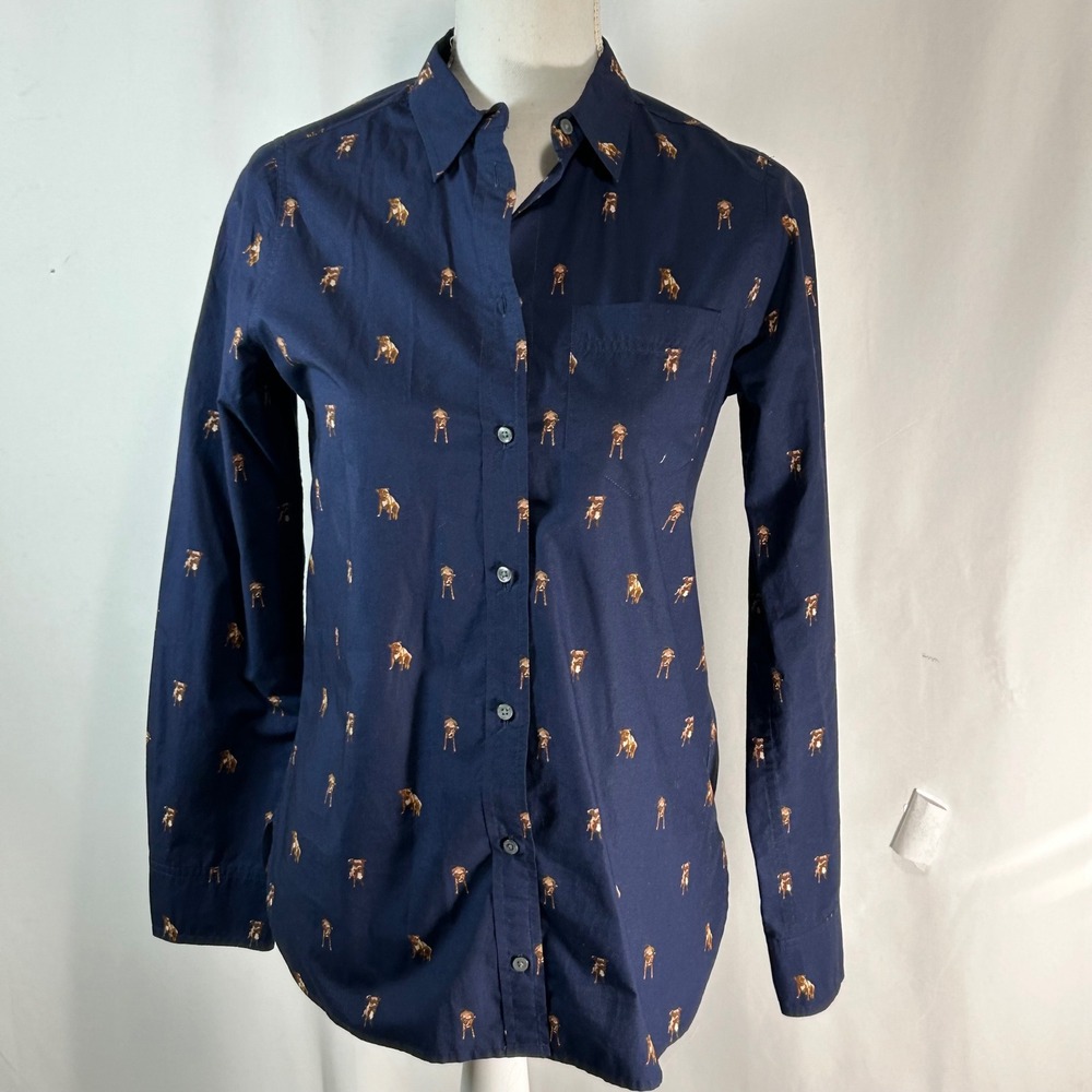J. Crew Navy Blue Dog Print Button Down Shirt Women's Size 00 Long Sleeve Cotton